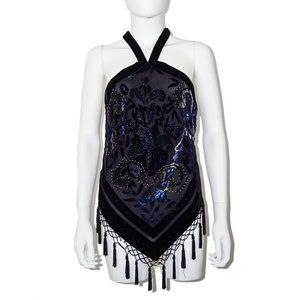 CACHE Vintage Tassels Beaded Halter Top